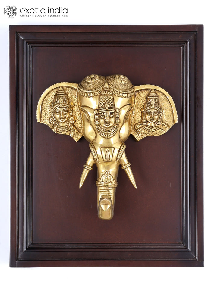 16" Tirupati Balaji Wood Framed Brass Wall Hanging with Sridevi and Bhudevi