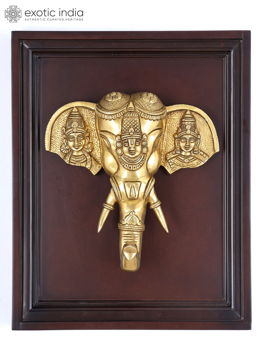 16" Tirupati Balaji Wood Framed Brass Wall Hanging with Sridevi and Bhudevi
