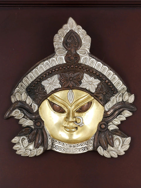 20" Goddess Durga Face | Wood Framed Brass Sculpture | Wall Hanging