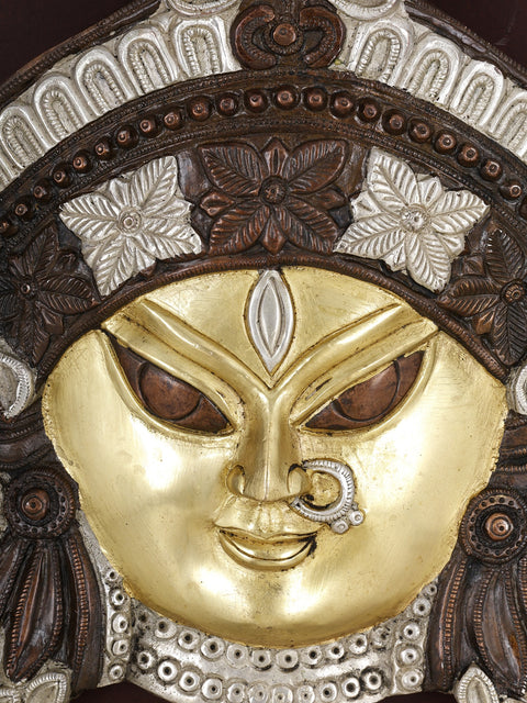 20" Goddess Durga Face | Wood Framed Brass Sculpture | Wall Hanging