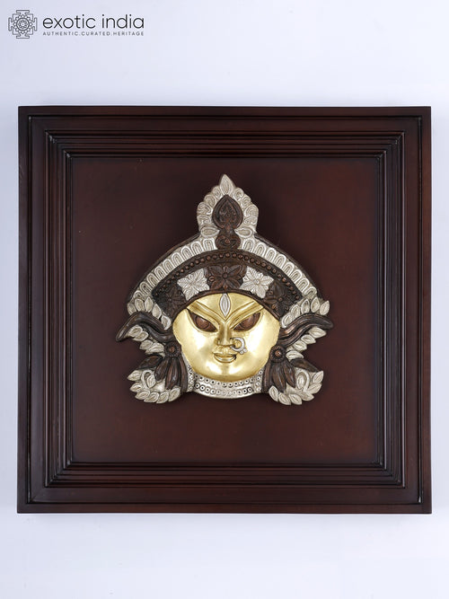 20" Goddess Durga Face Brass Sculpture Wood Framed Wall Hanging