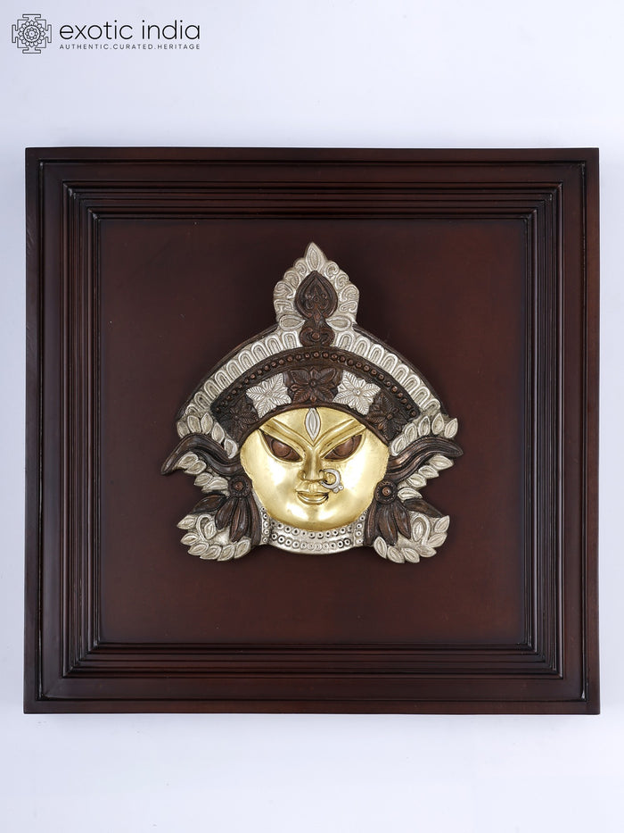 20" Goddess Durga Face | Wood Framed Brass Sculpture | Wall Hanging