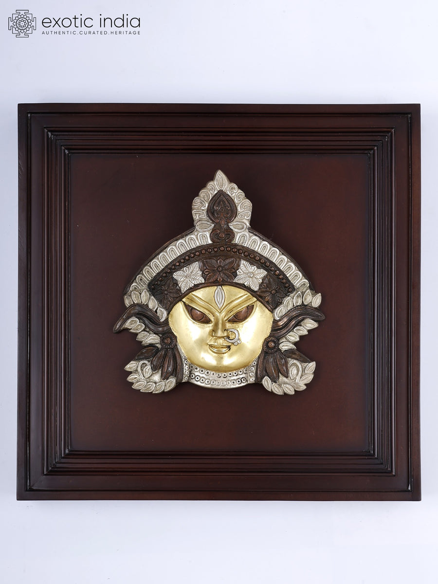 20" Goddess Durga Face Brass Sculpture Wood Framed Wall Hanging