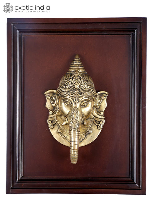 16" Lord Ganesha Face Brass Wall Hanging with Wood Frame