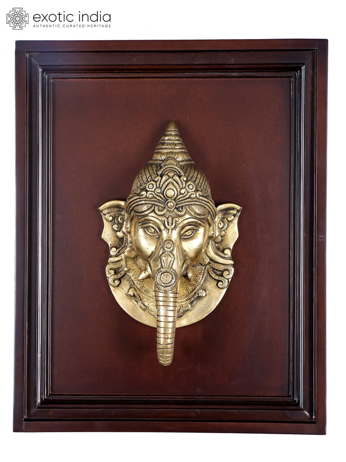 16" Lord Ganesha Face Brass Wall Hanging with Wood Frame