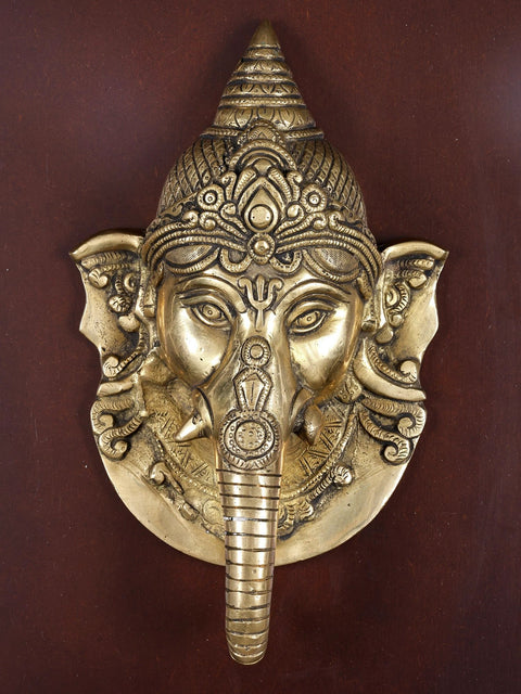 16" Lord Ganesha Face | Wood Framed Brass Sculpture | Wall Hanging