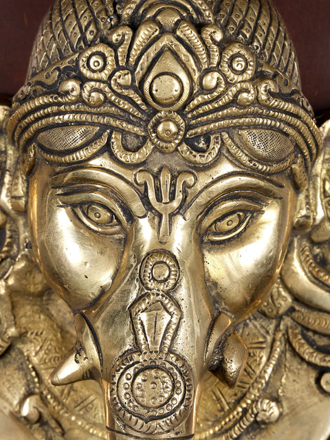 16" Lord Ganesha Face | Wood Framed Brass Sculpture | Wall Hanging
