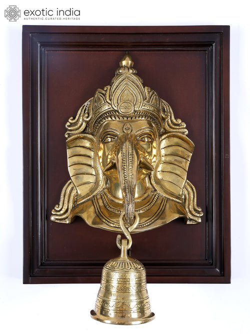 16" Lord Ganesha Brass Mask Wall Hanging with Engraved Bell