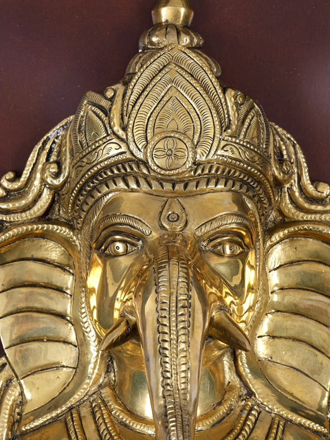 16" Lord Ganesha Mask with Engraved Bell | Wood Framed Brass Sculpture | Wall Hanging