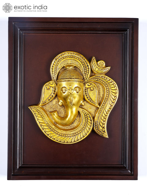 16" Om (Aum) Ganesha | Wood Framed Brass Sculpture | Wall Hanging