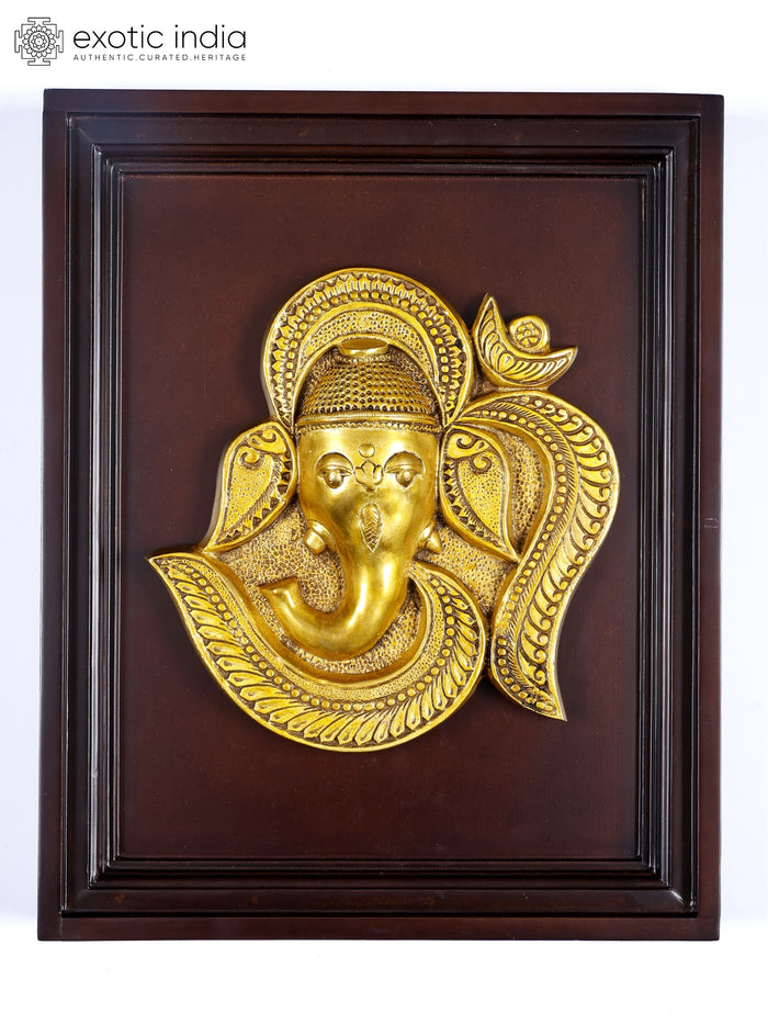 16" Om Ganesha Wood Framed Brass Wall Hanging Sculpture