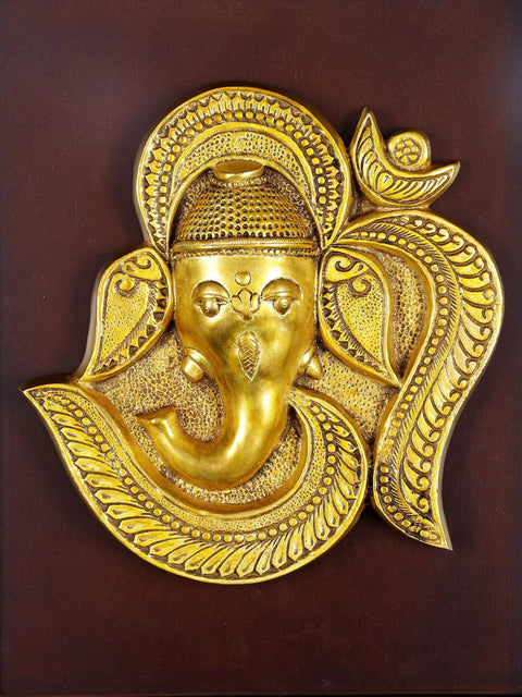 16" Om (Aum) Ganesha | Wood Framed Brass Sculpture | Wall Hanging