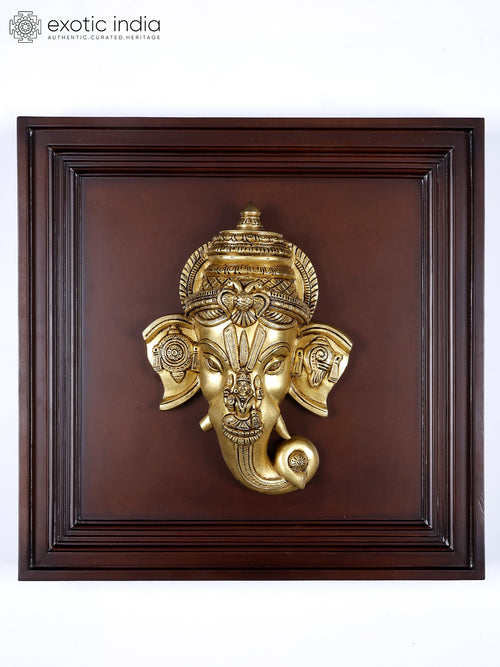 20" Brass Lord Ganesha Mask with Goddess Lakshmi Wall Hanging Sculpture
