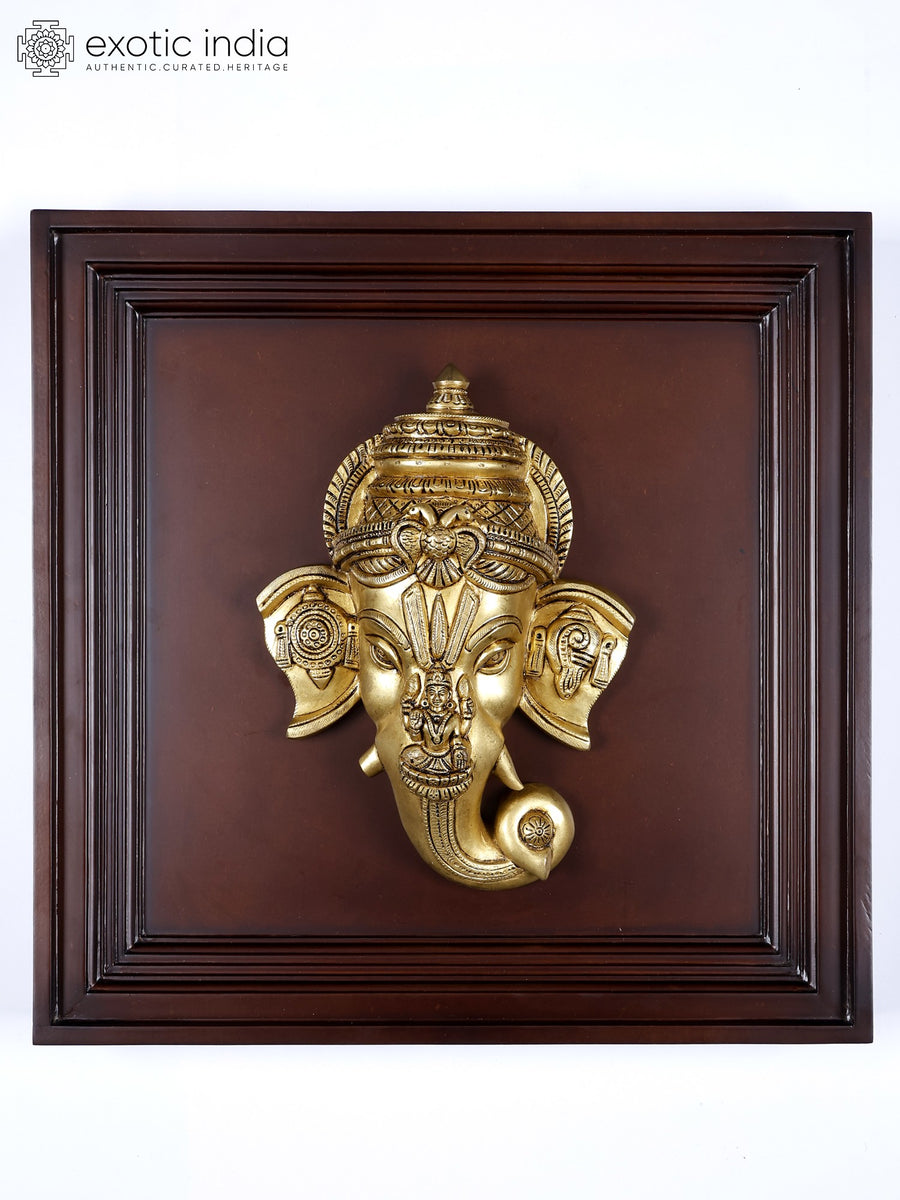 20" Brass Lord Ganesha Mask with Goddess Lakshmi Wall Hanging Sculpture