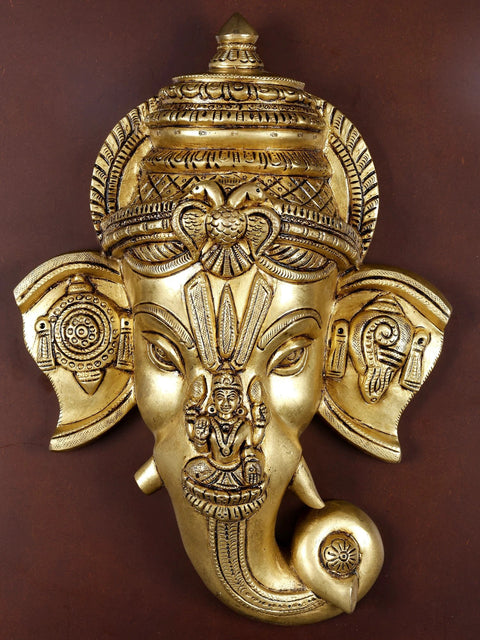 20" Brass Lord Ganesha Mask with Goddess Lakshmi | Wood Framed Brass Sculpture | Wall Hanging