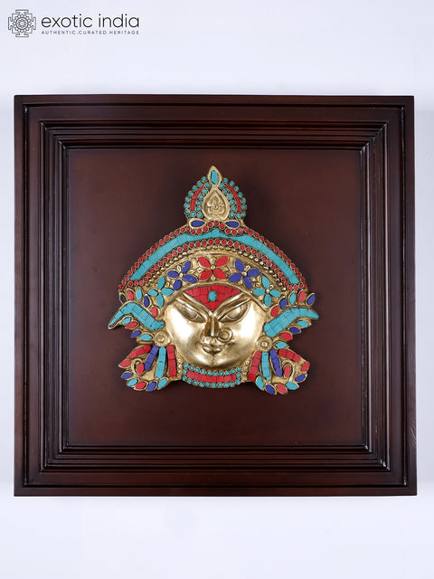 20" Brass Goddess Durga Face with Inlay Work | Wood Framed Sculpture | Wall Hanging