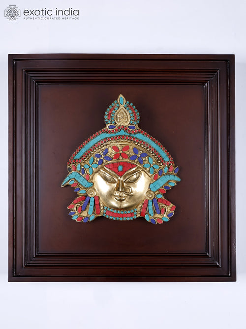20" Brass Goddess Durga Face Wall Hanging with Inlay Work
