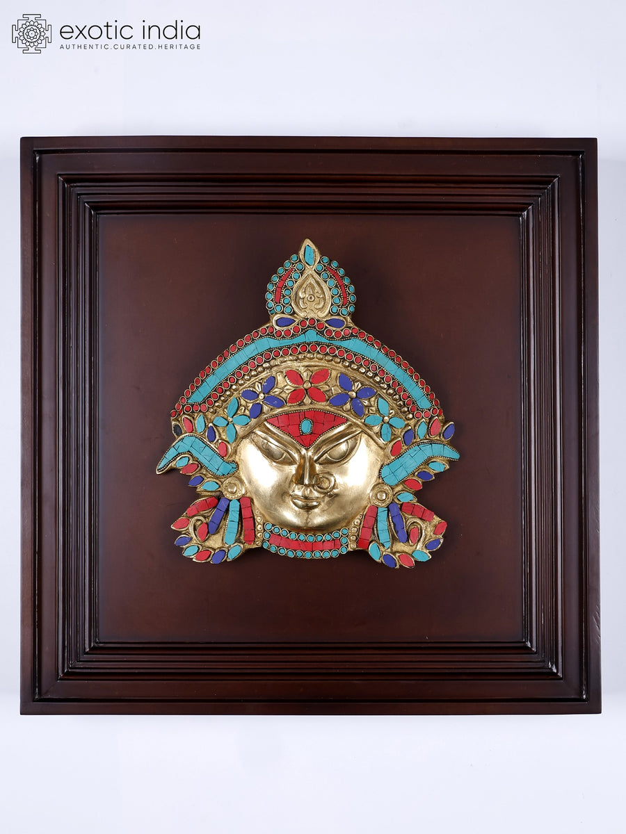 20" Brass Goddess Durga Face Wall Hanging with Inlay Work