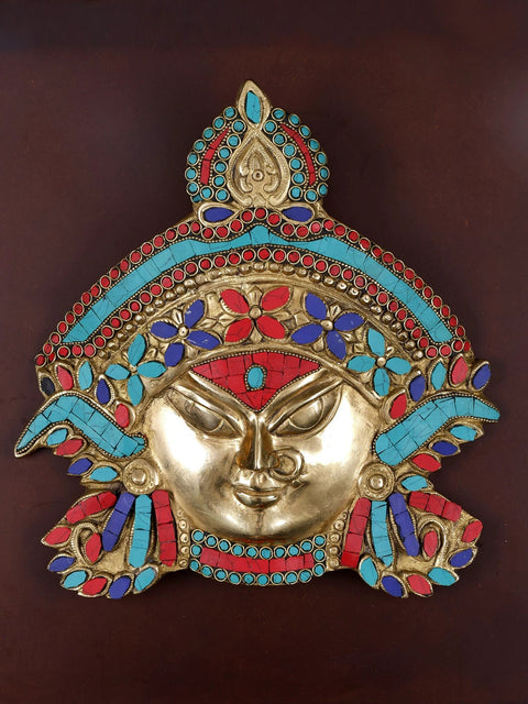 20" Brass Goddess Durga Face with Inlay Work | Wood Framed Sculpture | Wall Hanging