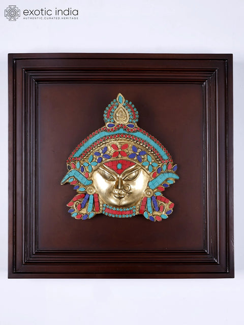 20" Brass Goddess Durga Face with Inlay Work | Wood Framed Sculpture | Wall Hanging