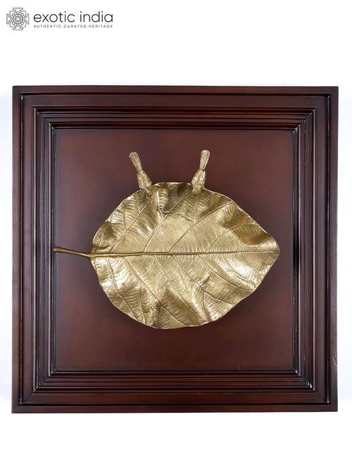 20" Brass Pipal Leaf Urli Tray Wood Frame Wall Hanging