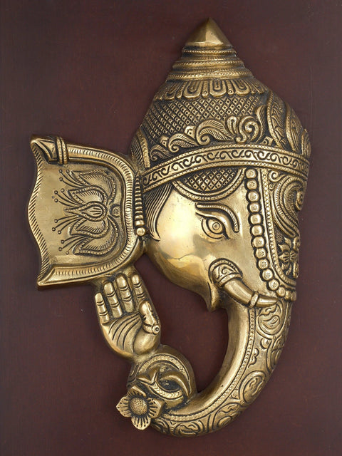 16" Stylized Blessing Ganesha | Wood Framed Brass Sculpture | Wall Hanging