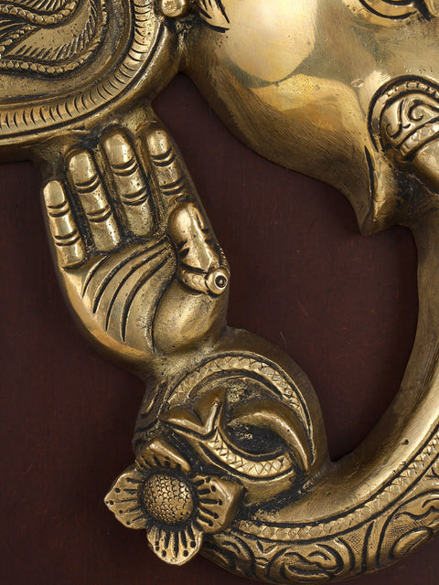 16" Stylized Blessing Ganesha | Wood Framed Brass Sculpture | Wall Hanging