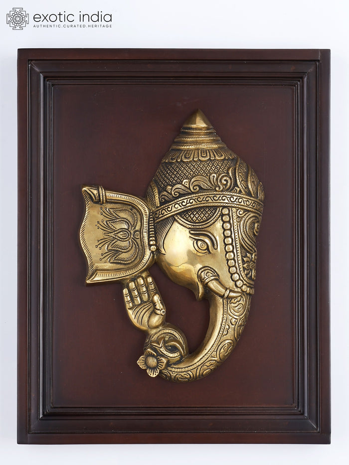 16" Brass Ganesha Wall Hanging Sculpture with Wood Frame