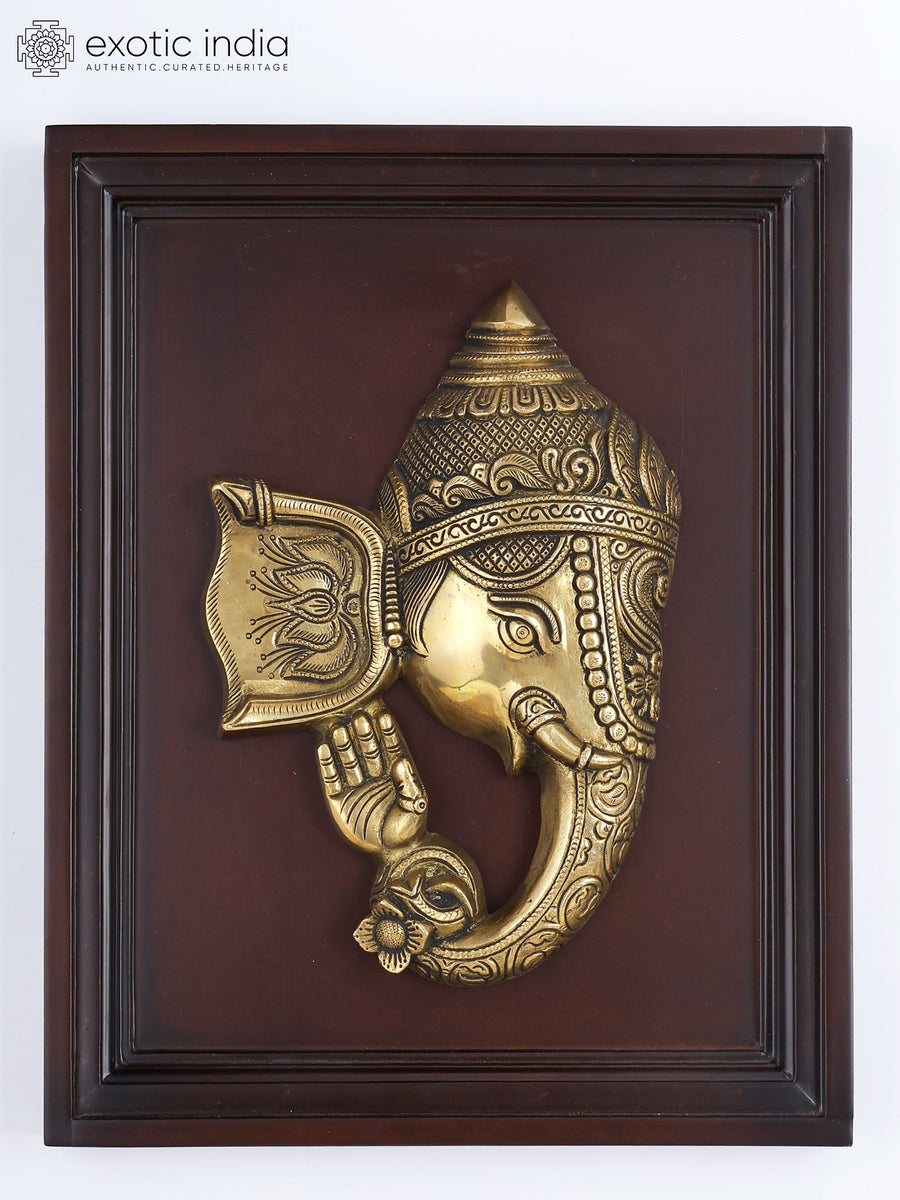16" Brass Ganesha Wall Hanging Sculpture with Wood Frame
