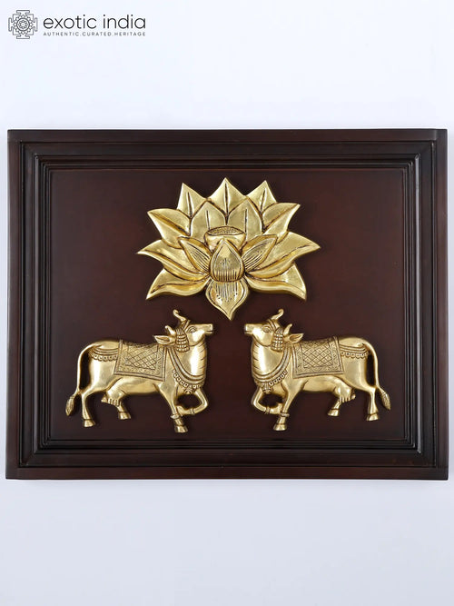 16" Brass Kamadhenu Cow Pair Wall Hanging with Wood Frame