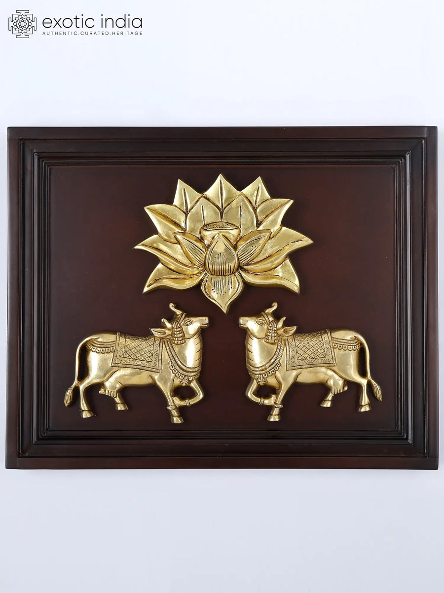 16" Brass Kamadhenu Cow Pair Wall Hanging with Wood Frame