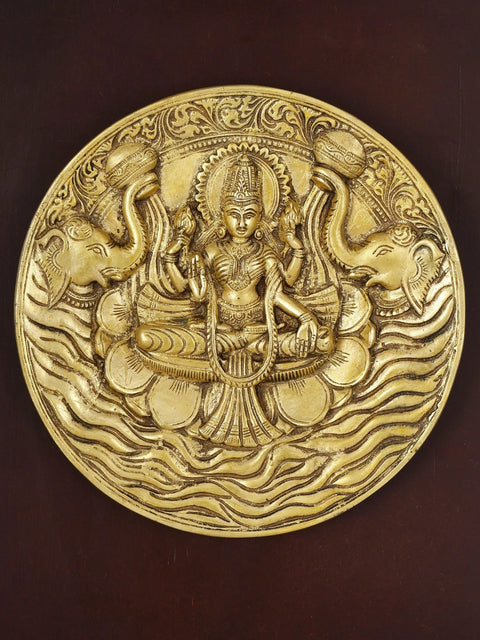16" Wood Framed Gajalakshmi Plate in Brass | Wall Hanging Sacred Decor