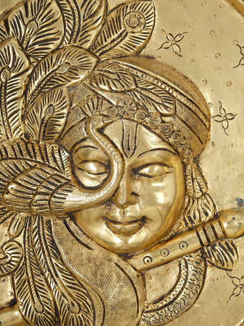 20" Lord Krishna Plate | Wood Framed Brass Sculpture | Wall Hanging Decor