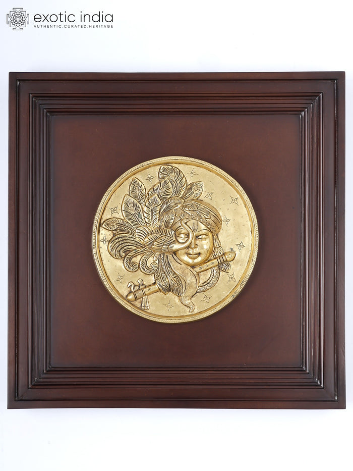 20" Lord Krishna Brass Wall Hanging Sculpture with Wood Frame