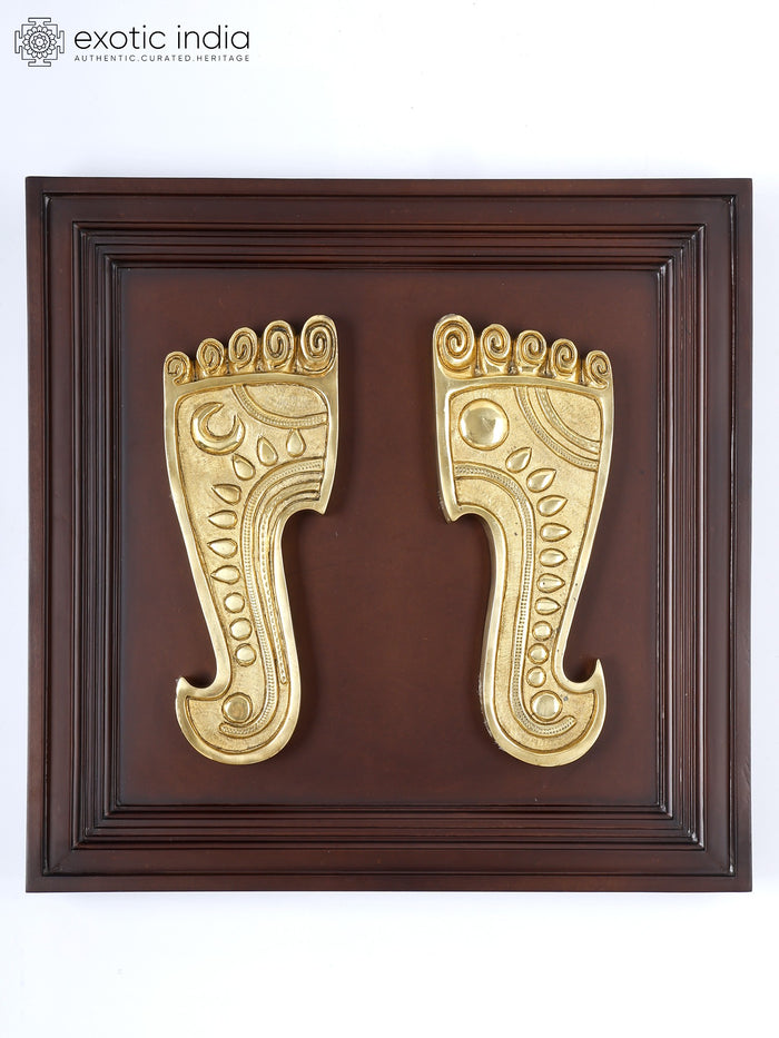 20" Wood Framed Brass Charan Paduka Wall Hanging with Sun and Moon