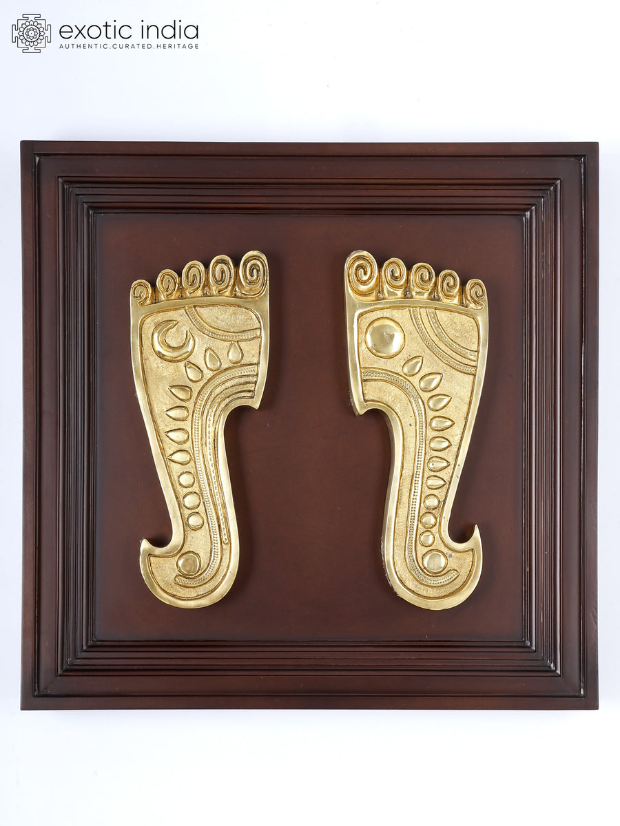 20" Wood Framed Brass Charan Paduka Wall Hanging with Sun and Moon