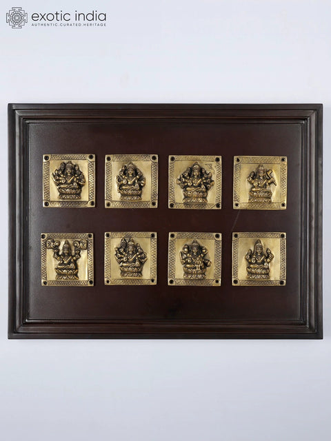 24" Wood Framed Brass Ashtalakshmi Set | Spiritual Wall Hanging Decor