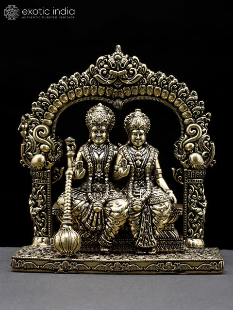 4" Small Superfine Lakshmi - Narayan Seated in Blessing Gesture with Kirtimukha Prabhavali | Brass Statue