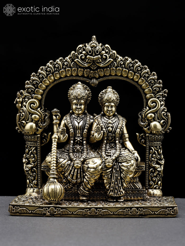 4" Lakshmi Narayan Seated Brass Statue with Kirtimukha Prabhavali