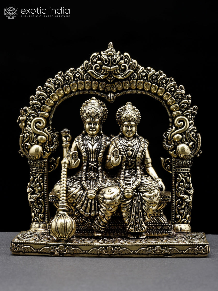 4" Lakshmi Narayan Seated Brass Statue with Kirtimukha Prabhavali