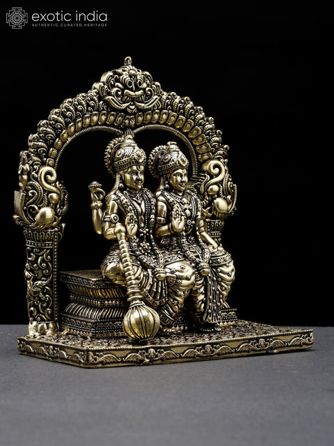 4" Small Superfine Lakshmi - Narayan Seated in Blessing Gesture with Kirtimukha Prabhavali | Brass Statue