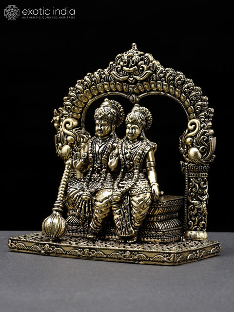 4" Small Superfine Lakshmi - Narayan Seated in Blessing Gesture with Kirtimukha Prabhavali | Brass Statue