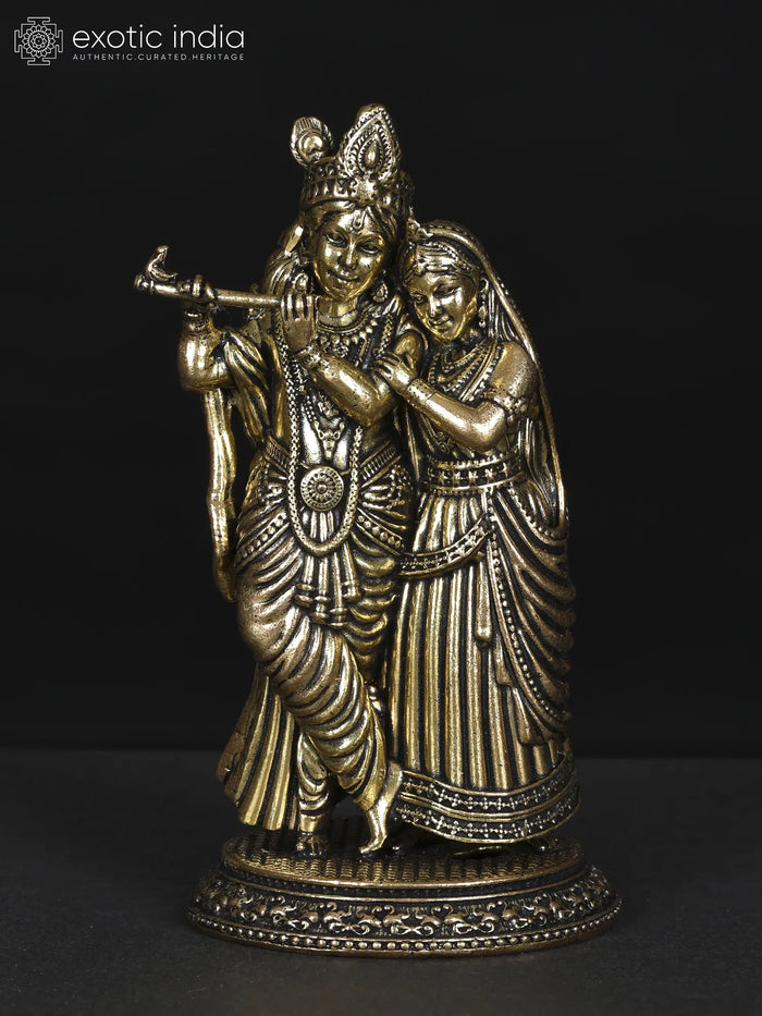 4" Handmade Brass Radha Krishna Statue with Superfine Fluting