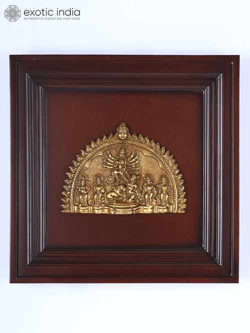 16" Brass Durga Parivar Wall Hanging Plate with Wood Frame