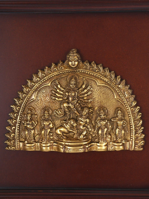 16" Brass Durga Parivar Wall Hanging Plate | Wood Framed Sculpture
