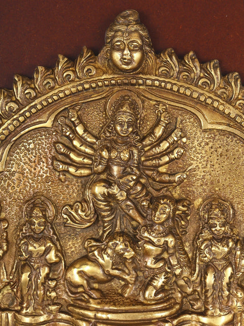 16" Brass Durga Parivar Wall Hanging Plate | Wood Framed Sculpture