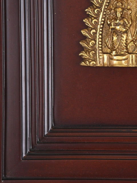 16" Brass Durga Parivar Wall Hanging Plate | Wood Framed Sculpture