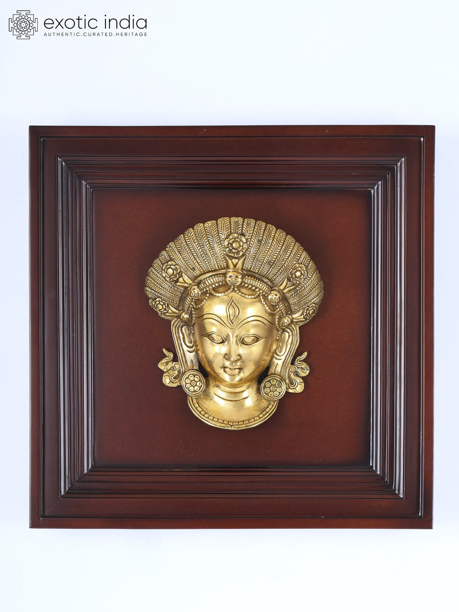 16" Devi Mask Brass Wall Hanging Sculpture with Wood Frame