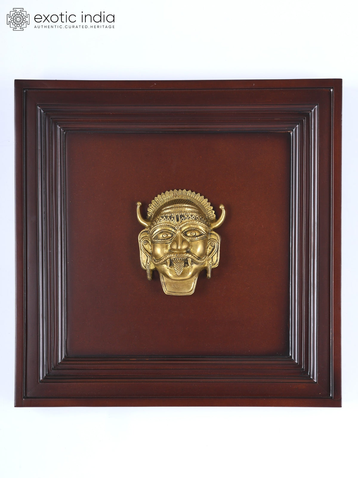 16" Brass Bhairava Mask Wall Hanging with Wood Frame
