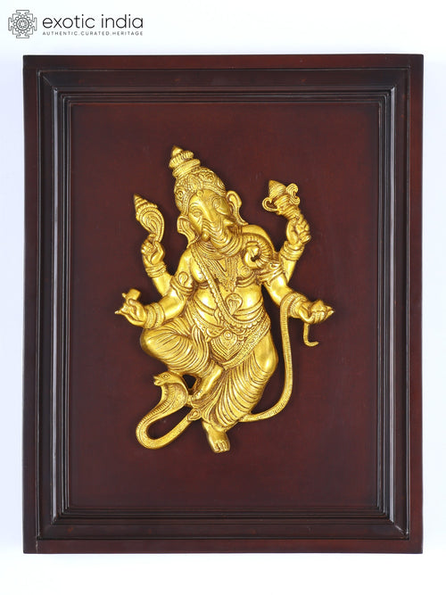 16" Brass Ganesha with Serpent Wood Framed Wall Hanging
